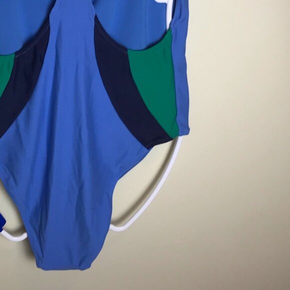 AERIE NEW Swim Suite Racerback Swimming One Piece Stretch Colour Block Blue XL - Picture 7 of 9